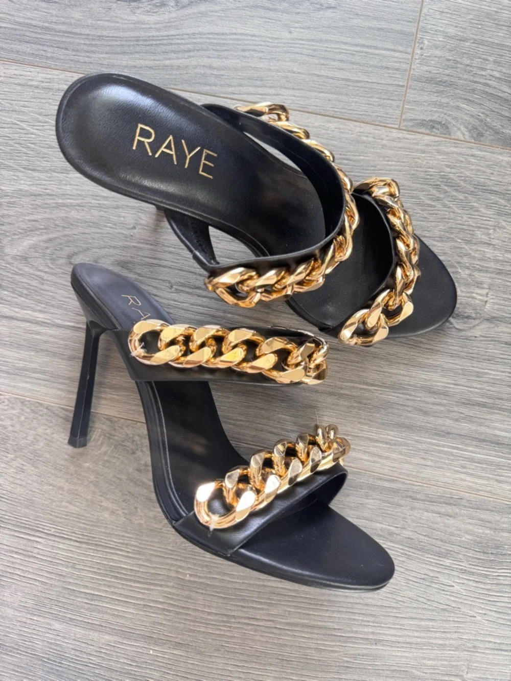 RAYE Deux Heel in Black Stiletto Slide Gold Chain Straps 5.5